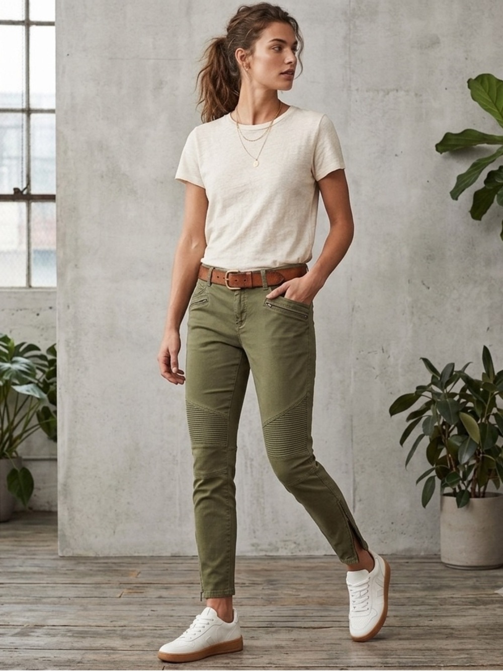 Tory Burch Olive Green Moto Pants Ankle Zip Size 32. No size tag.